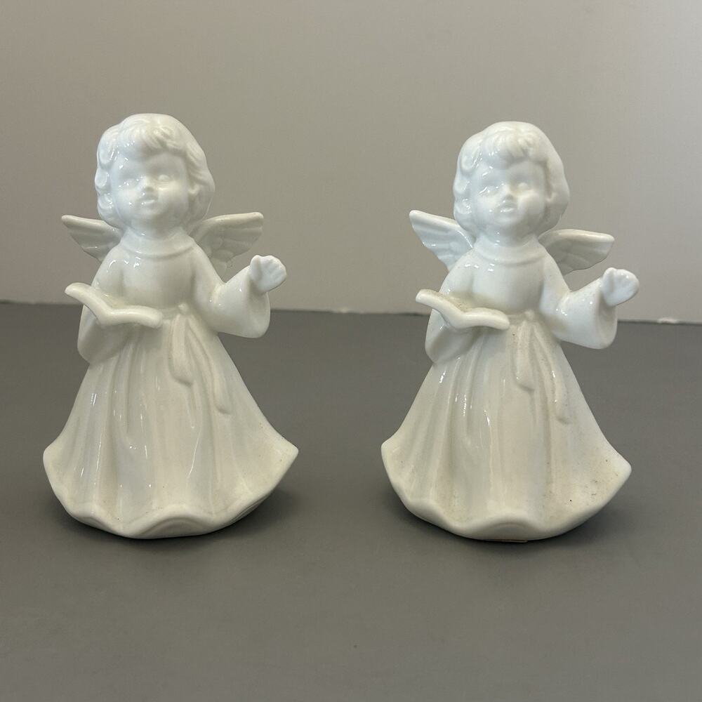 Vintage Rynne China Pair of White Angel Figurines Holding Book Decor Taiwan